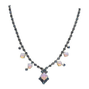 Blue Rhinestone Pink Faux Opal Art Deco Style Choker Necklace Silver Tone